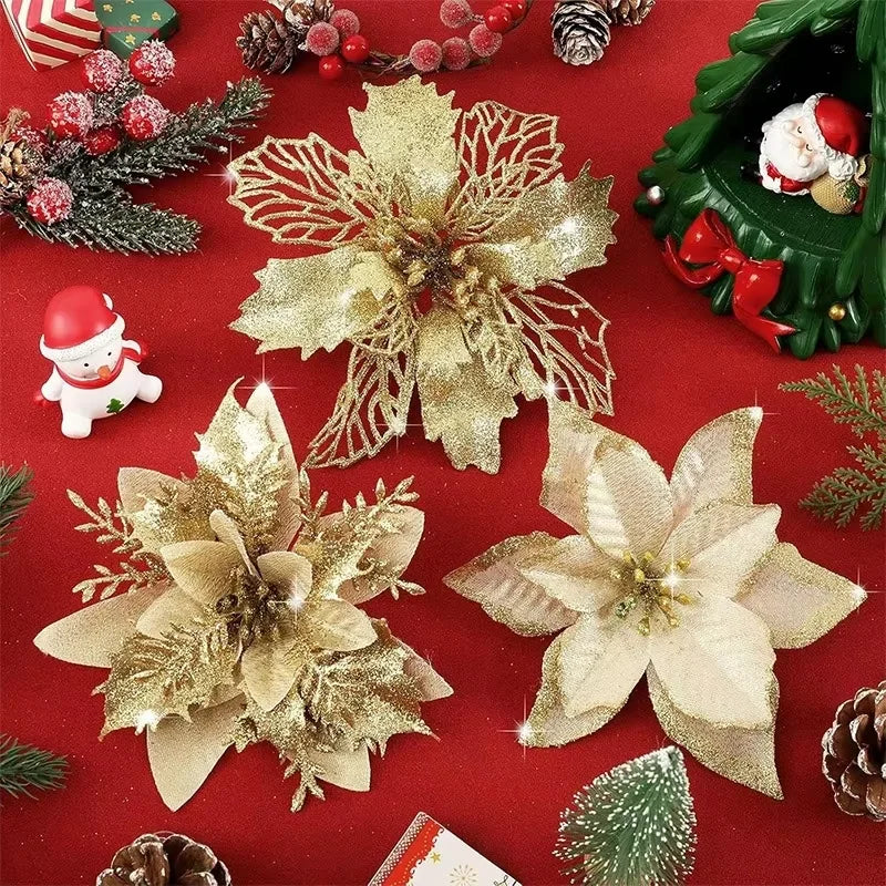 8/16Pcs Glitter Artificial Christmas Flowers