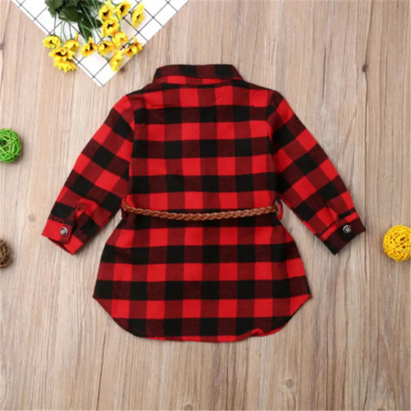 Plaid Christmas T-Shirt Kids Blouse Dress + Twist Belt