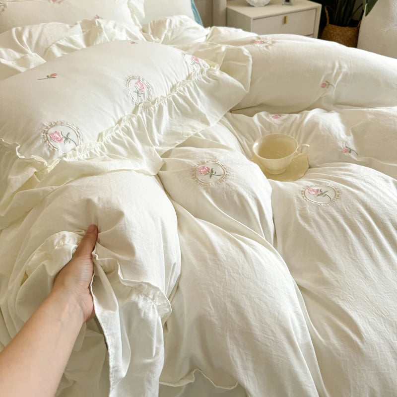 Embroidery Lace Ruffles Bedding Set