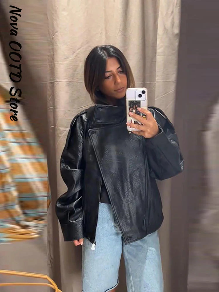 Short Leather Jacket Zipper, Lapel Belt Coat for women