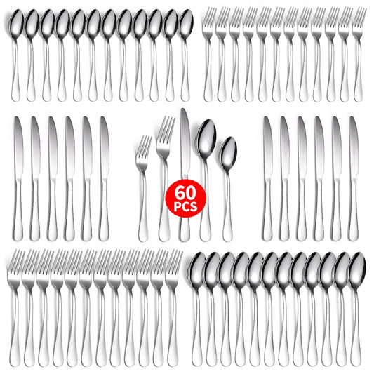 60Pcs Silverware Set Service for 12 Stainless Steel Flatware Cutlery Set Mirror Polished Flatware Set Include Forks Spoons Knive