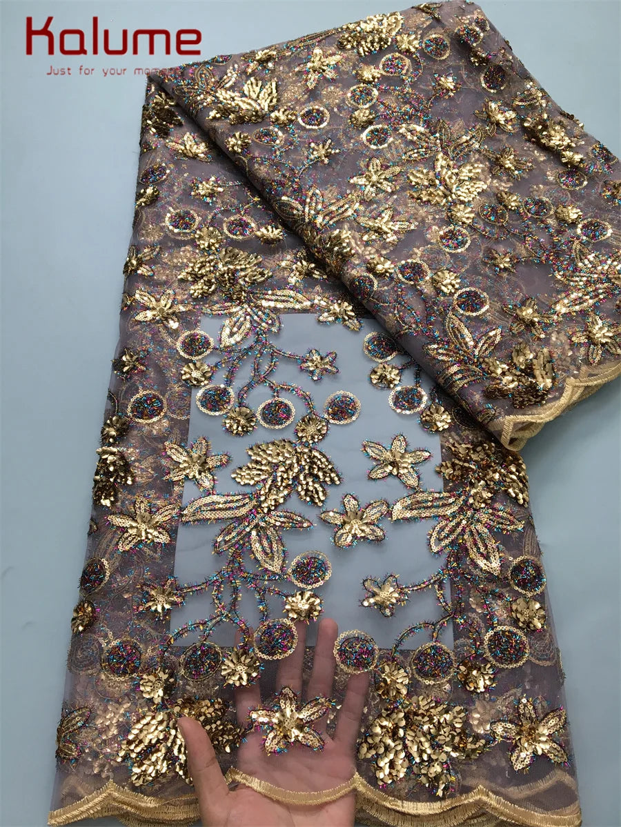 Kalume 2025 African Lace Fabric Sequins Nigerian Mesh Lace Fabric Sequins 5 Yards High Quality For Party Wedding Dress F3811