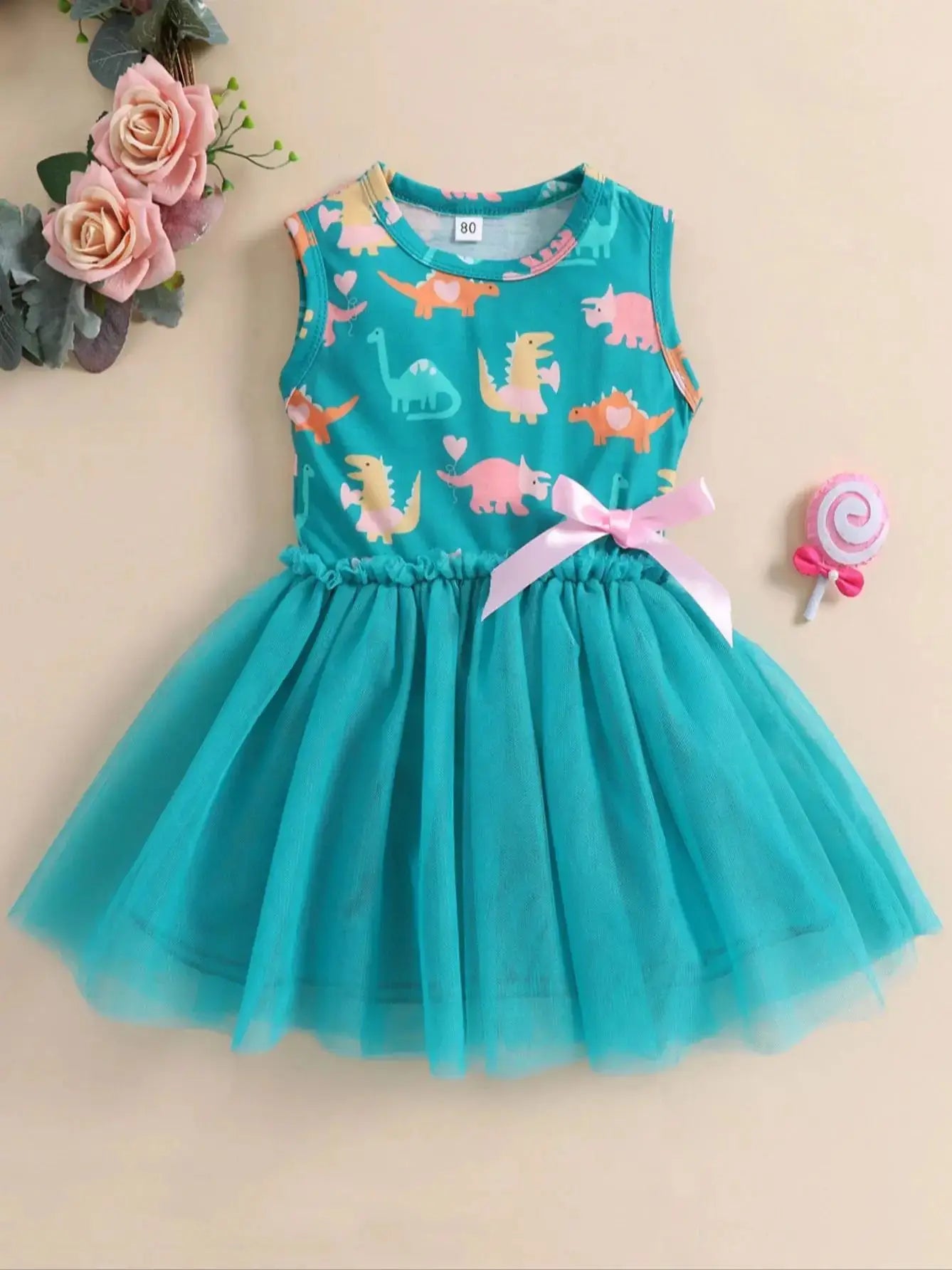 Princess Dinosaur Print Mesh Dress For Kids