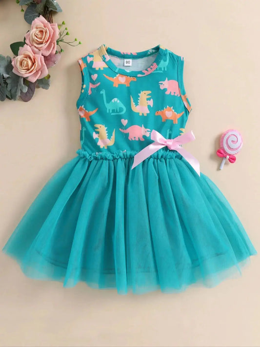 Princess Dinosaur Print Mesh Dress For Kids