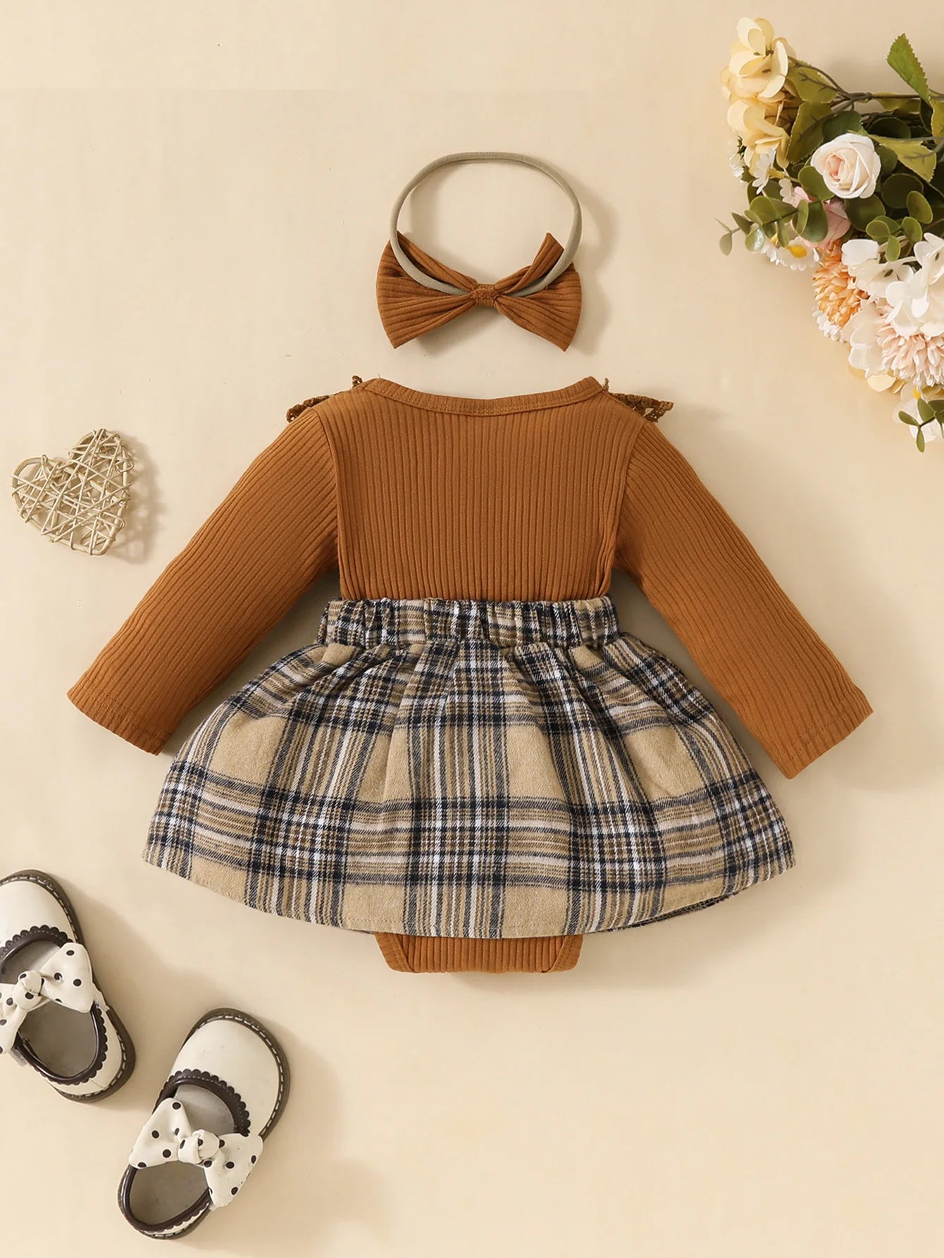 Baby Plaid With Bow Honey Jumpsuit+Headband