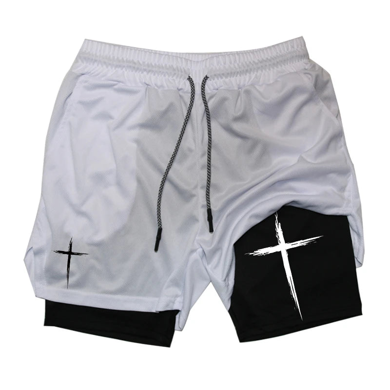 Men's Cross Print 2 in 1 Performance Shorts with Phone Pocket