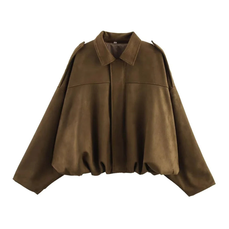 women's suede texture lapel shoulder bomber jacket