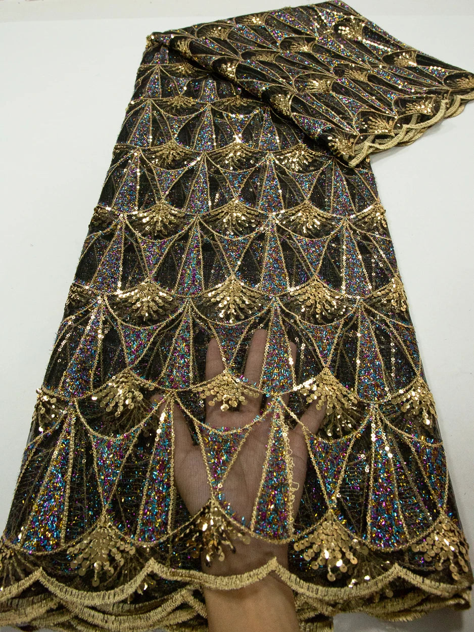 Kalume 2025 African Lace Fabric Sequins Nigerian Mesh Lace Fabric Sequins 5 Yards High Quality For Party Wedding Dress F3811