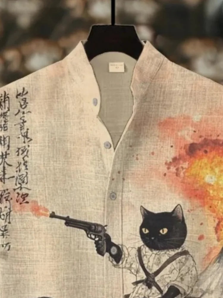 Retro Calligraphy Cat Dinosaur Print Shirt