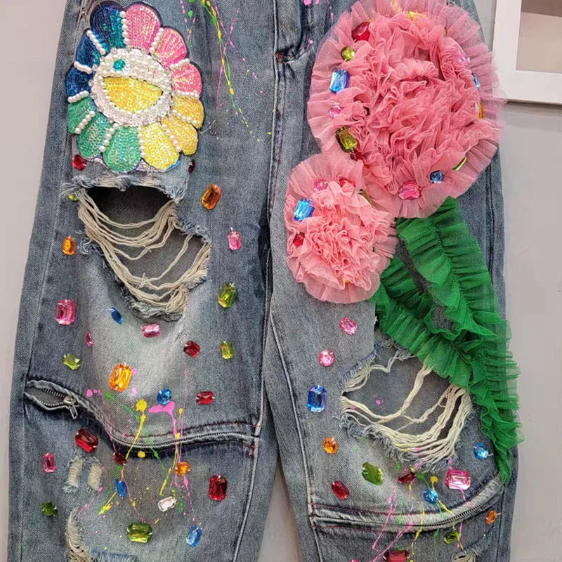 Female Nail Bead Women 3D Flower Denim Pants