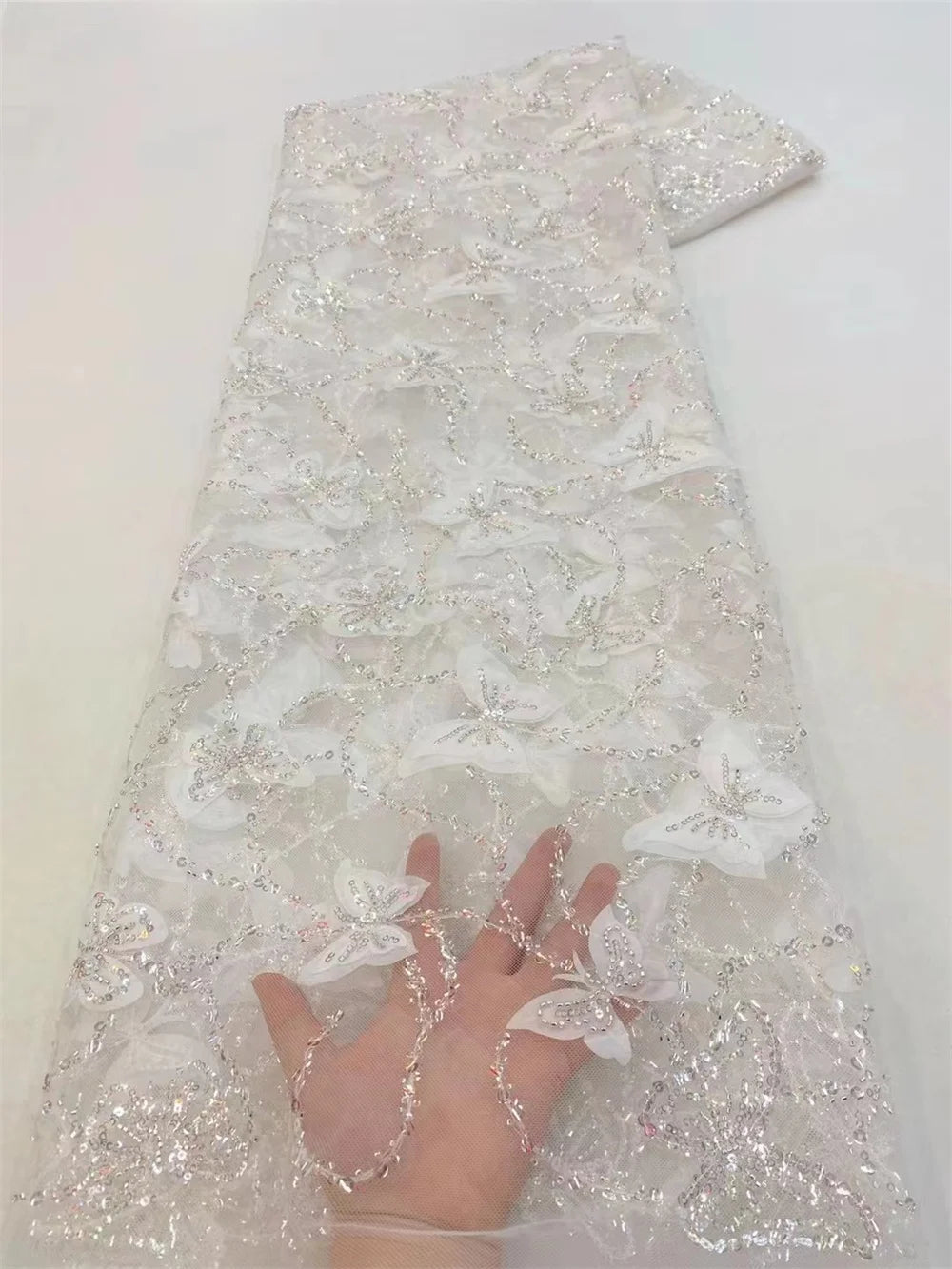 African Heavy Beaded Lace Fabric 2025 High Quality 5 Yards Nigerian Sequins Tulle 3D Fabric Material For Wedding