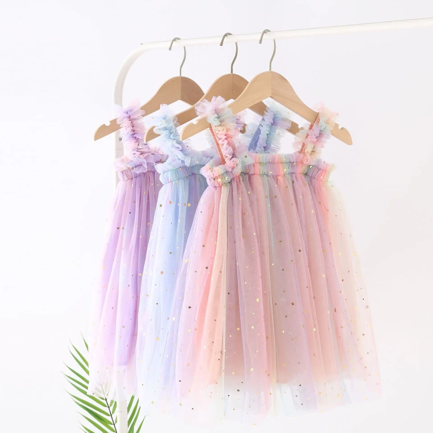 Rainbow Colorful  Pleated Kids Suspenders Dress