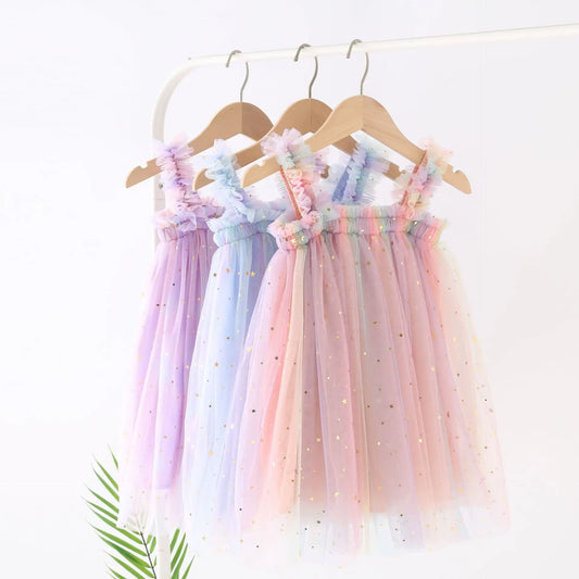 Rainbow Colorful  Pleated Kids Suspenders Dress
