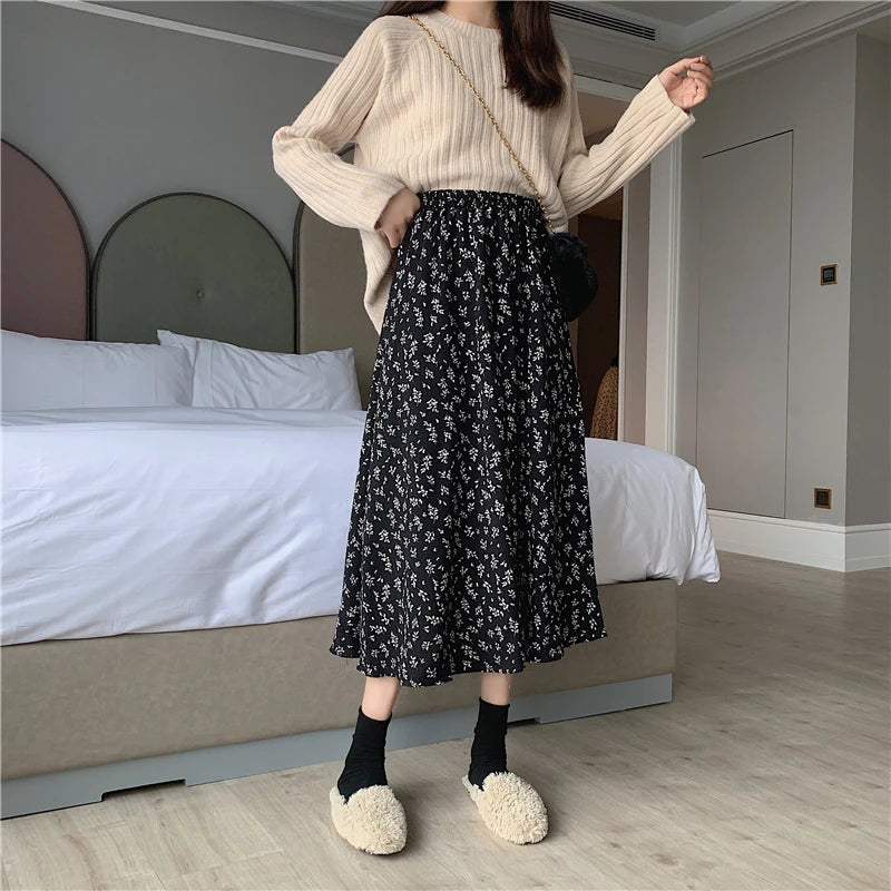 Women Korean Skirt Street wear Drawstring Midi Skirt