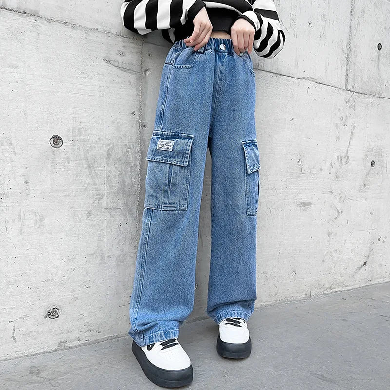 Kids Casual Denim Straight Baggy Trousers