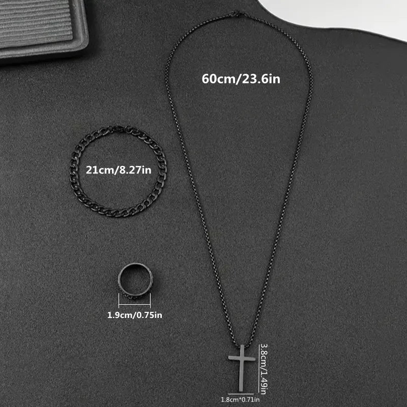Dark Cross Block Necklace Pendant Bracelet Ring Set