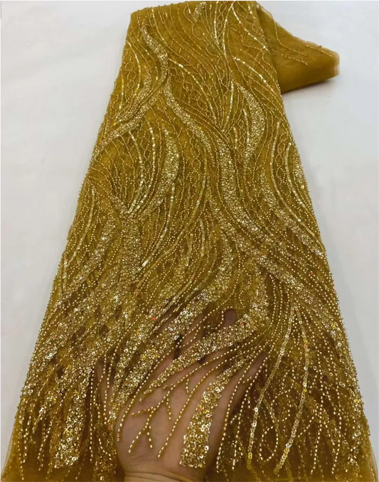 Gold African Tulle Lace Fabric 2025 French Net Sequins Fabric Sewing Embroidery With Beads Lace Tulle Mesh Nigeria Dress 5 Yards