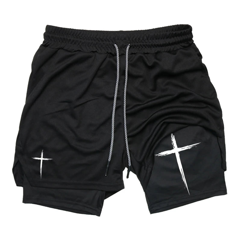 Men's Cross Print 2 in 1 Performance Shorts with Phone Pocket