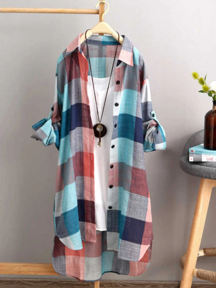 Women's Plaid Cotton Shirt Chic Women Elegant Blouse