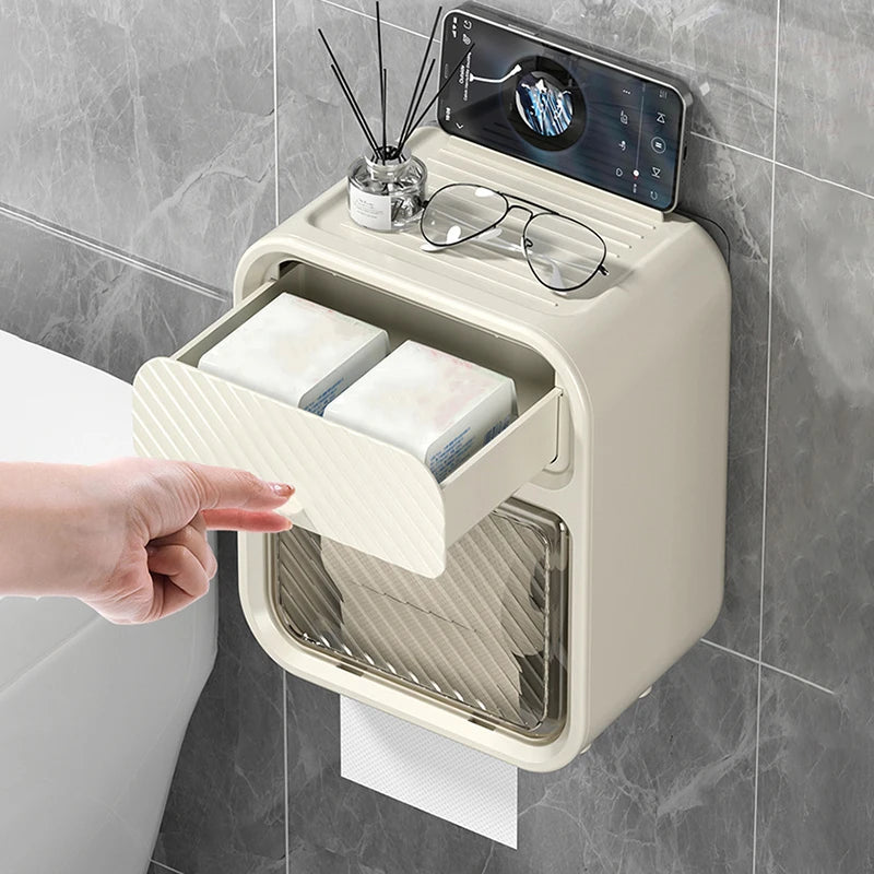 Wall Mounted Toilet Paper Holder Adhesive Mount No Drill Bathroom Tissue Dispenser Kitchen Paper Towel Organizer Storage Box
