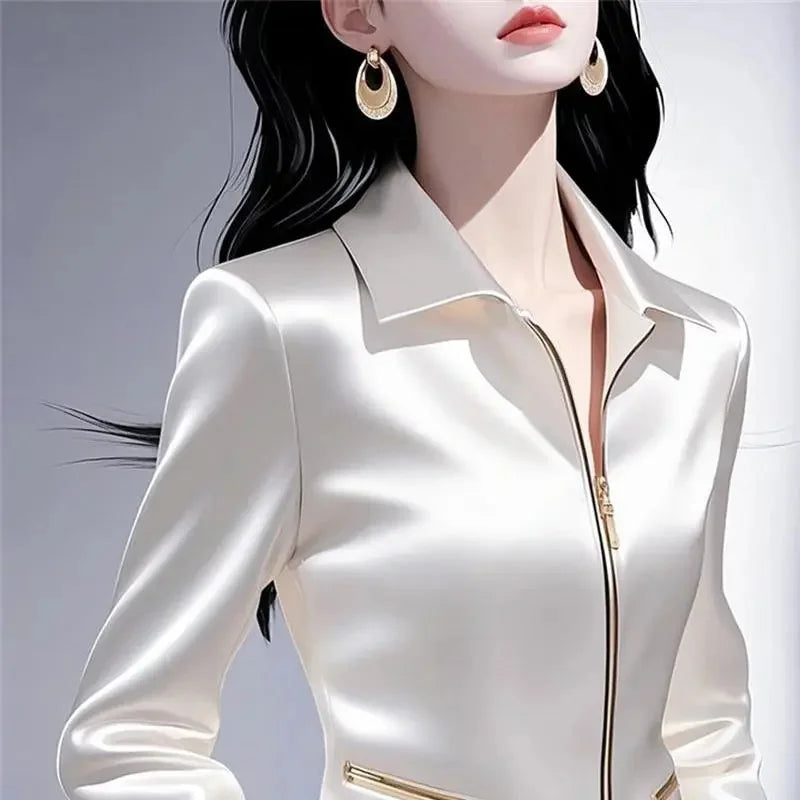 Contrast Satin Women Zipper Top Jacket
