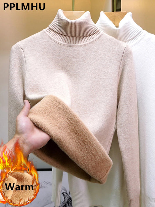 Women Elegant Thicken Velvet Lined Warm Knitted Top