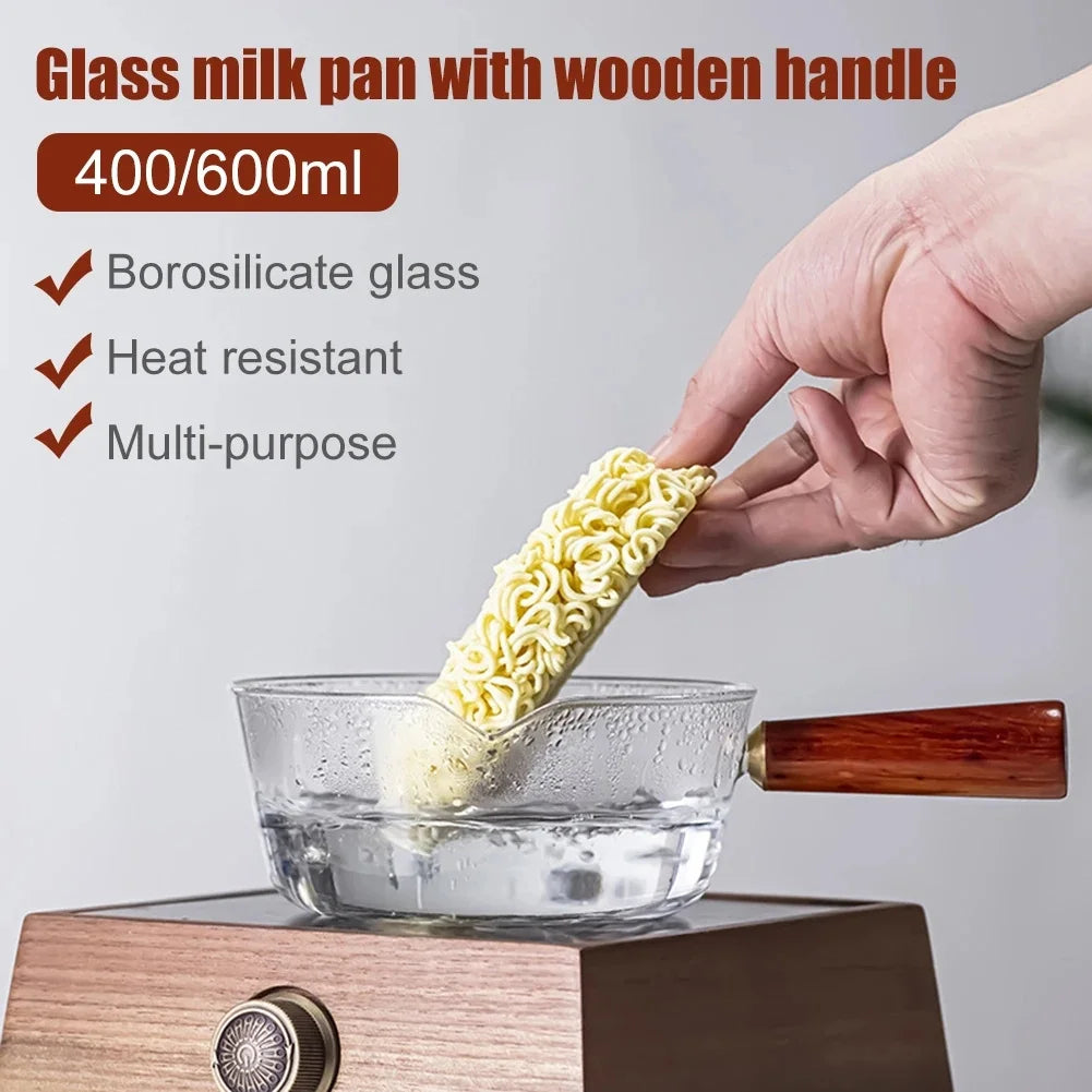 400/600ML Glass Cooking Pot Soup Milk Pot With Wooden Handle Glass Cooking Pot Instant Noodle Pot Glass Cookware Kitchen