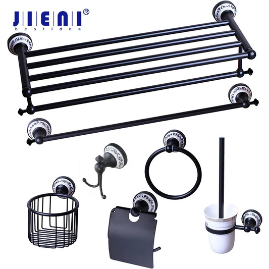 JIENI Wall Mounted Matte Black Washroom Bathroom Accessories Towel Ring Rack Paper Holder Toilet Brush Holder Frosted Glass Cup