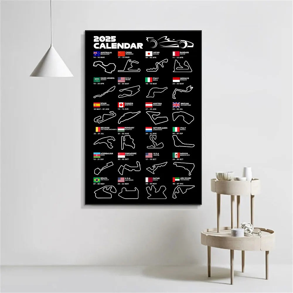 2025 F1 World Racing Track Posters Print Canvas Wall Art Sports Car Grand Prix Schedule Painting for Car Lovers Bedroom Decor