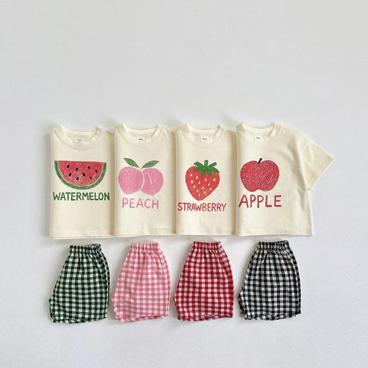 Fruit Pattern Fashion Suit Tees+Plaid Shorts