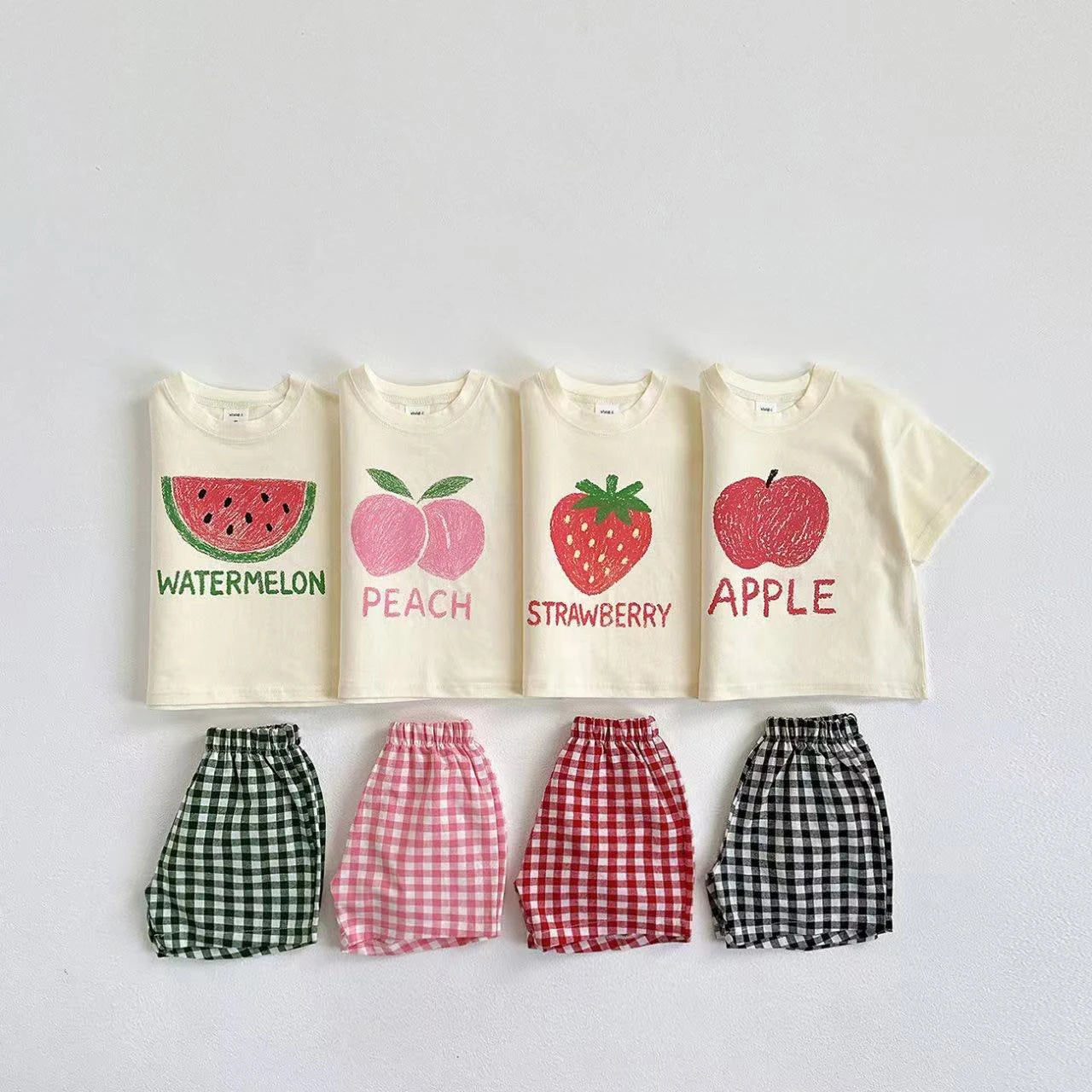 Fruit Pattern Suit Tees + Plaid Shorts Kids Outfits