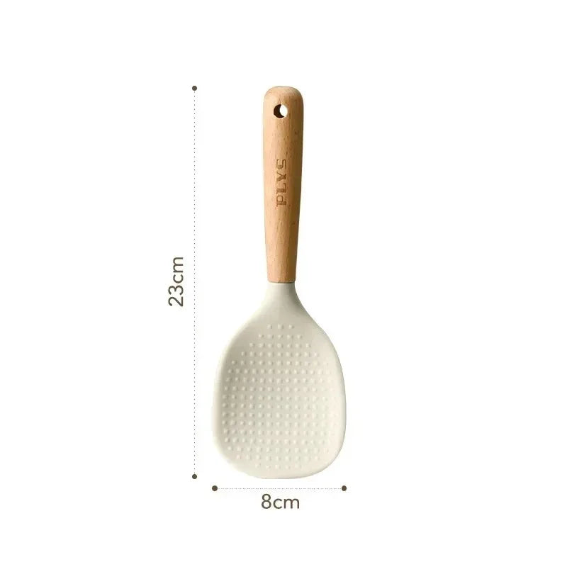 Silicone kitchenware set, durable hardwood handle, heat resistant tools, non-stick pan long handle porridge spoon Sieve Spatula