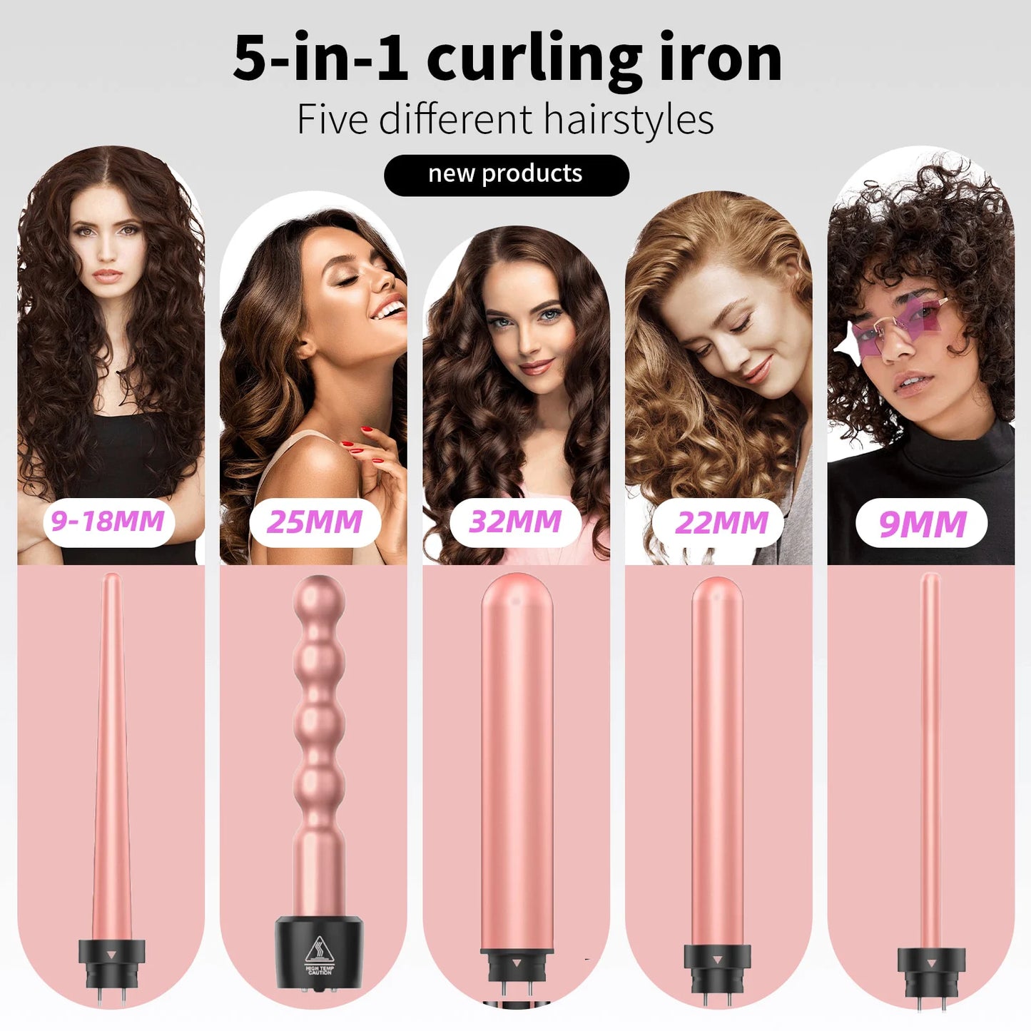 5 in 1 Curling Iron Set, Hair Curlers with Interchangeable Ceramic Barrels (0.76"-1.25"), Hair Crimper, Wand Curling Iron & Wave