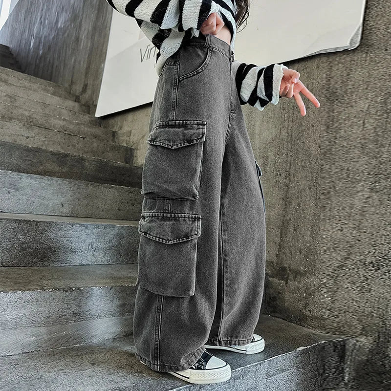 Kids Casual Denim Straight Baggy Trousers