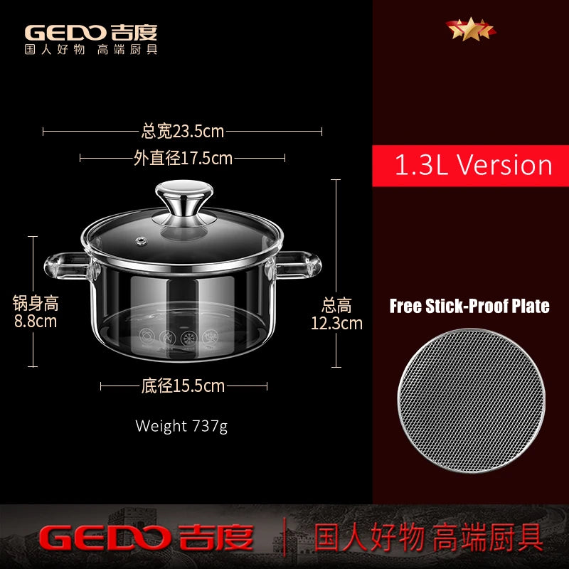 GEDO Transparent Glass Stewing Pot 1300ml and 1800ml Capacity Stockpot with Side Handle and Cover Luxury Kitchen Cookware