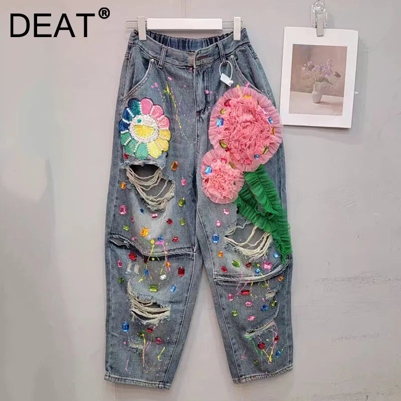 Female Nail Bead Women 3D Flower Denim Pants