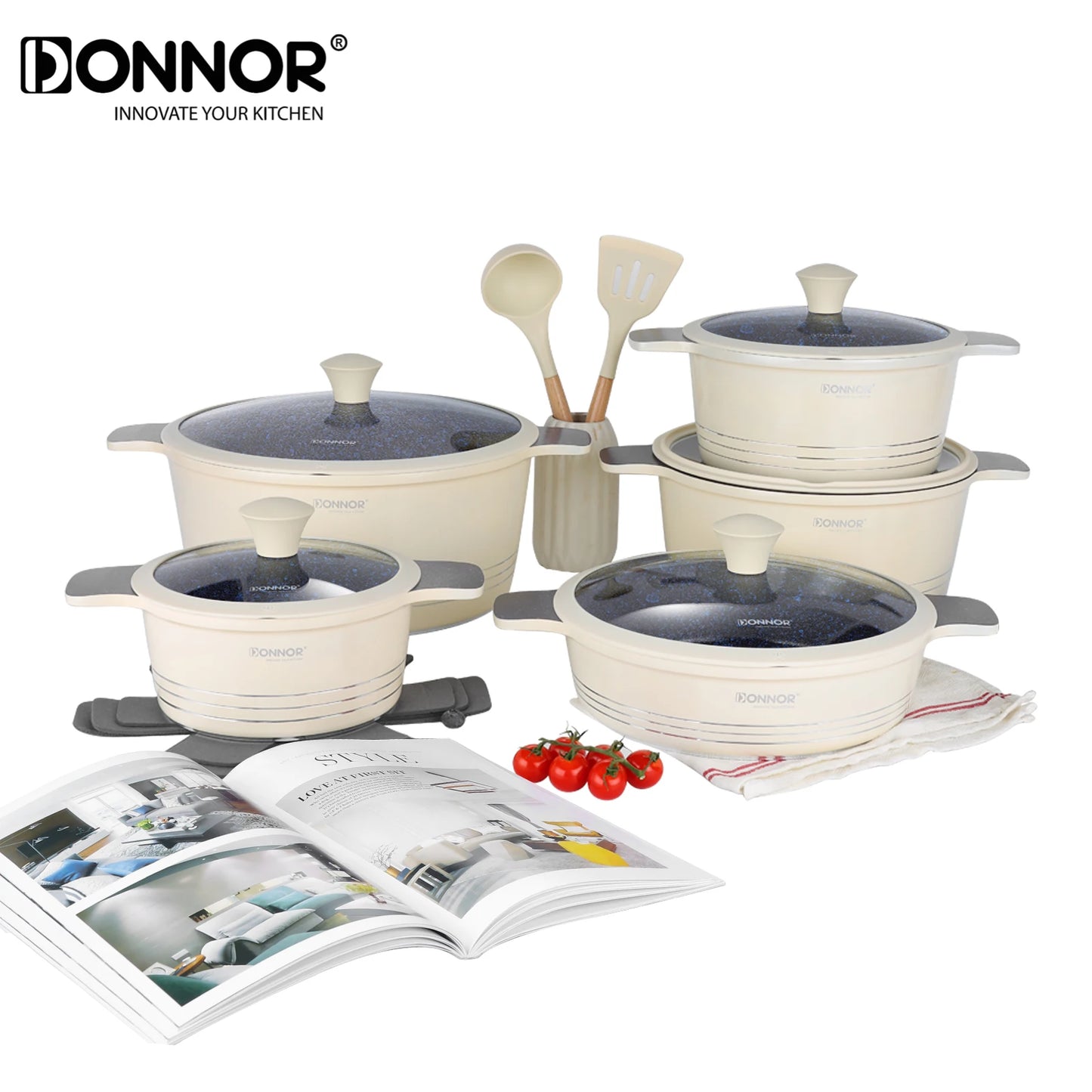 DONNOR Ceramic Cookware Set,Healthy Non-stick Cookware Set Suitable for Induction Cooktops/DishwashersFree of PFAS,PFOA and PTFE