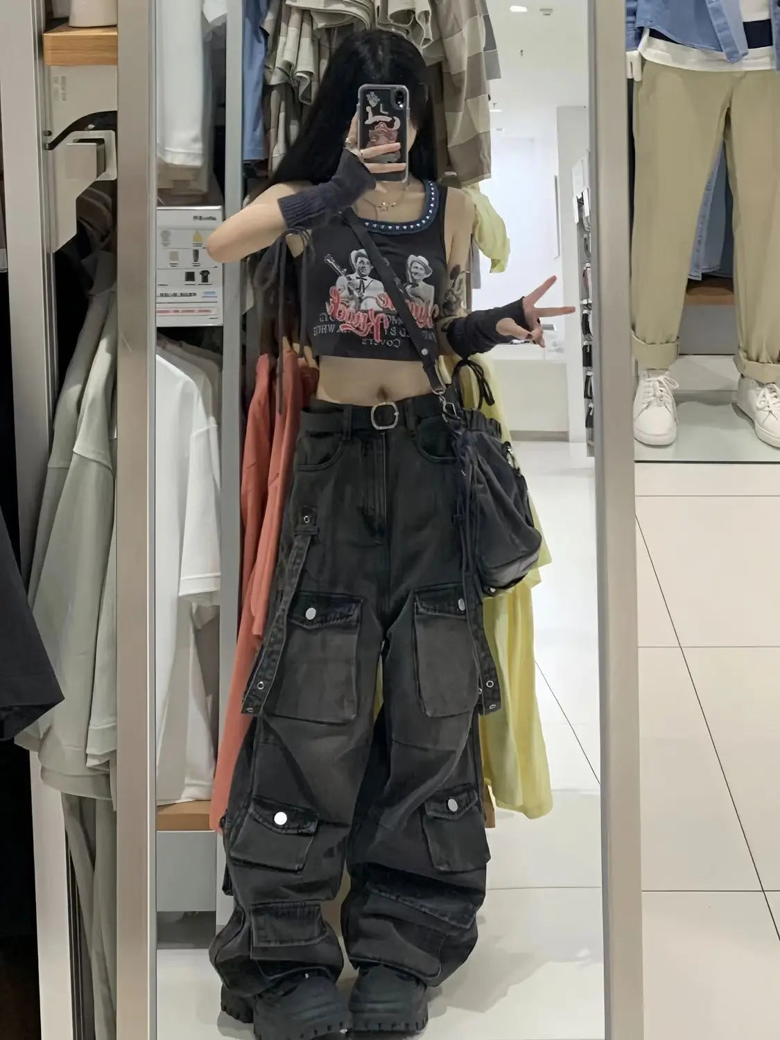 Work wear straight leg multi pocket mop pants for women