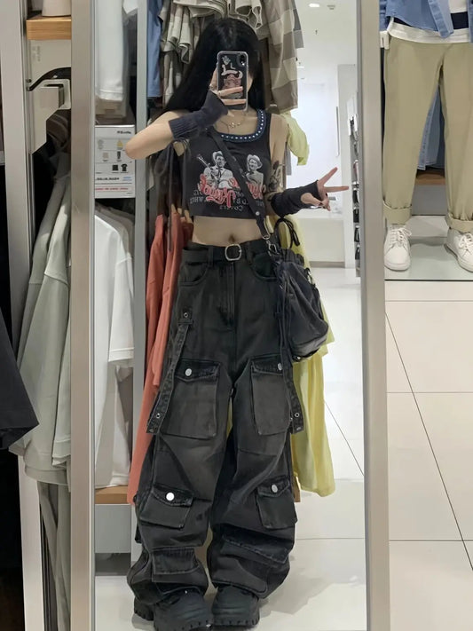 Work wear straight leg multi pocket mop pants for women