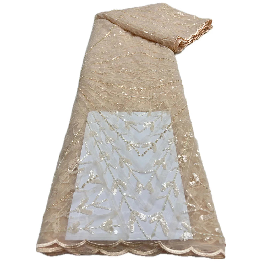 African Heavy Beaded Lace Fabric 2025 High Quality 5 Yards Nigerian Sequins Tulle 3D Fabric Material For Wedding