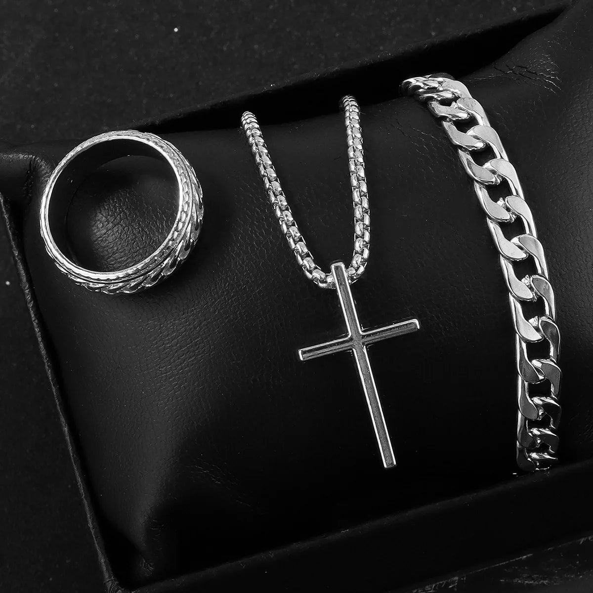 Dark Cross Block Necklace Pendant Bracelet Ring Set
