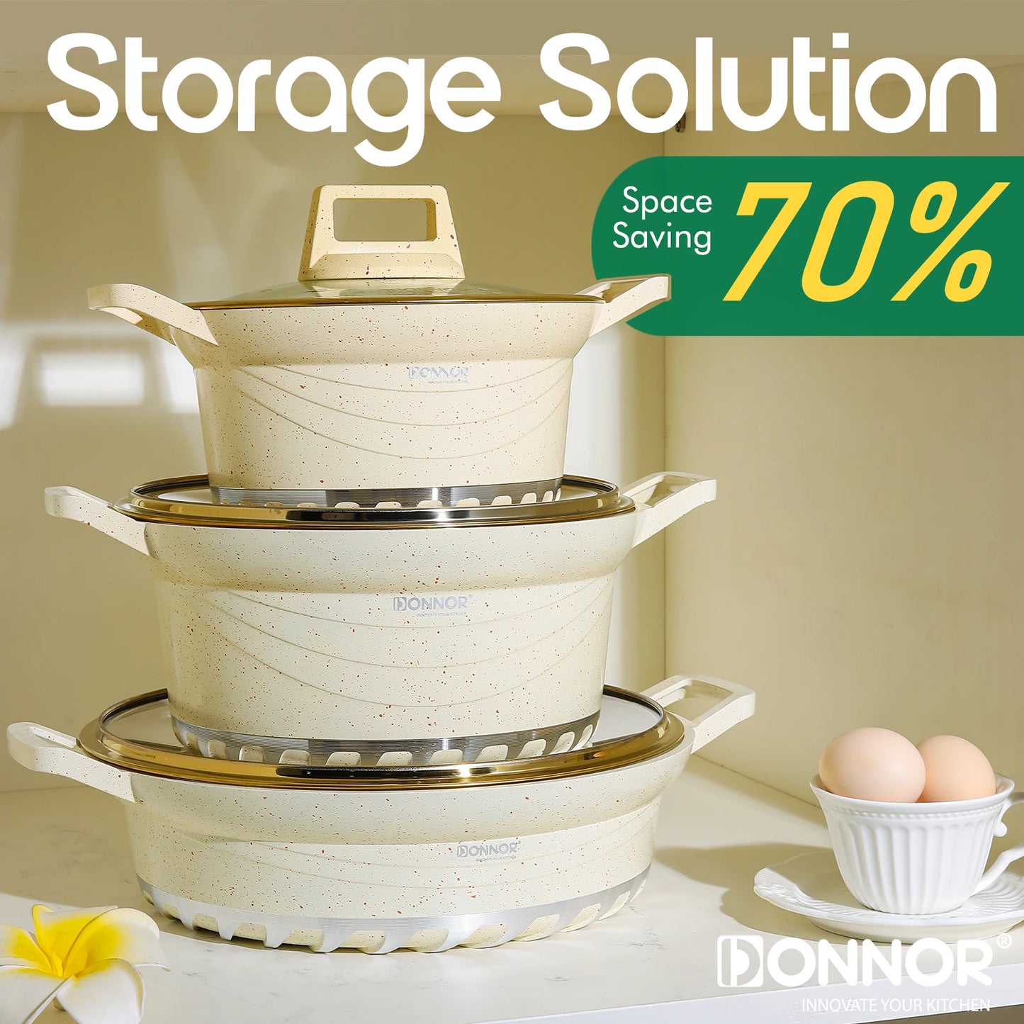 DONNOR Induction Cookware Pot Set 10 Piece, Dishwasher Safe Non-stick Cooking Pots, Ceramic Coated with Lid, Easy To Clean