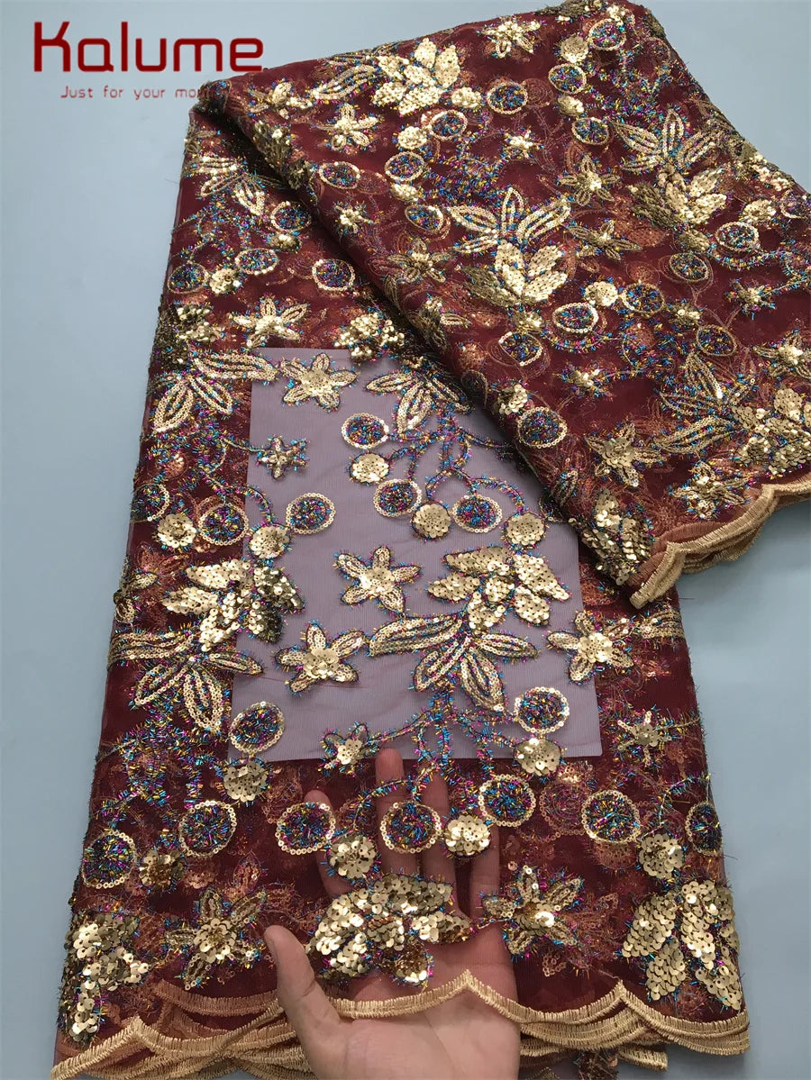 Kalume 2025 African Lace Fabric Sequins Nigerian Mesh Lace Fabric Sequins 5 Yards High Quality For Party Wedding Dress F3811