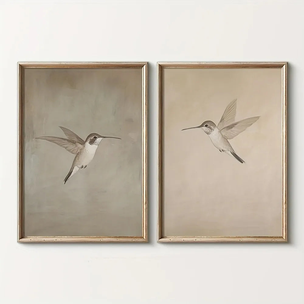 2 Pcs Frameless Retro Hummingbird Wall Art Canvas Posters Simple Retro Bird Farmhouse Decor Country Painting Apartment Decor