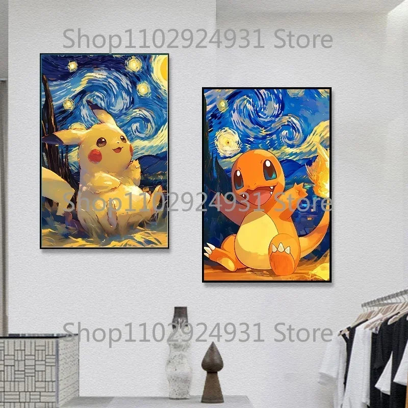 Classic Anime Pokemon Poster Pikachu Gengar Spray Charmander Starry Sky Series Canvas Painting Home Wall Decoration Art Painting
