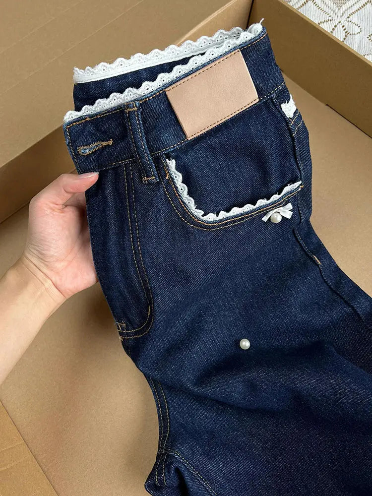 Lace Patchwork Jeans With Bow Design Pants For Women