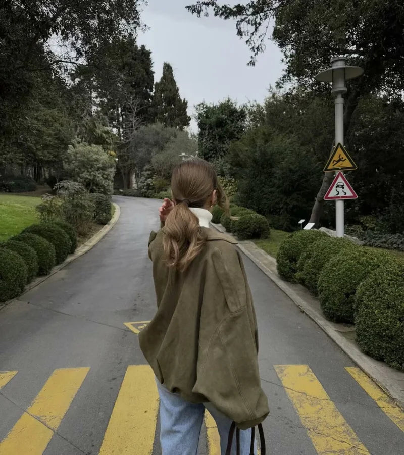 women's suede texture lapel shoulder bomber jacket