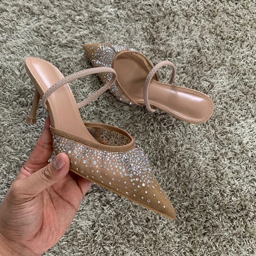 Women's Rhinestone Bright Mesh High Heels