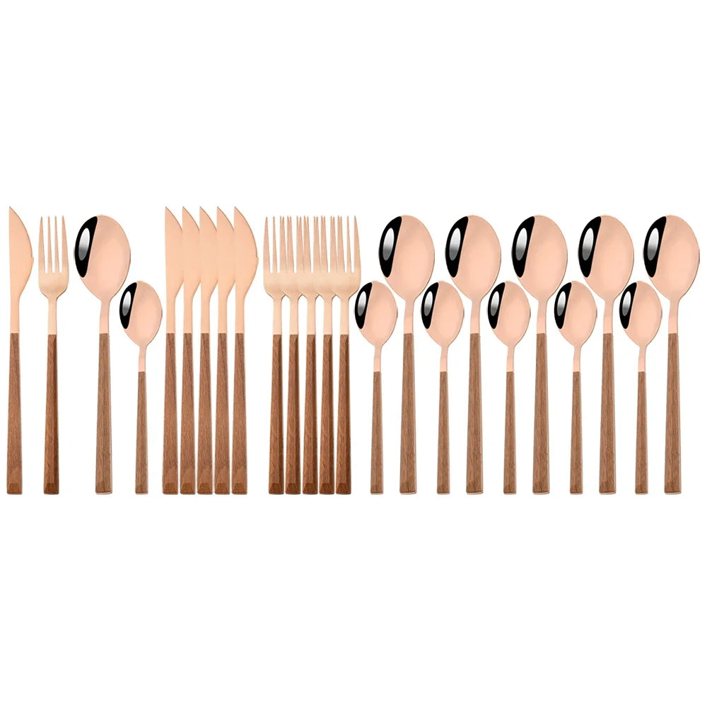 24/30Pcs Imitation Wooden Handle Dinnerware Cutlery Set Stainless Steel Tableware Western Knife Fork Spoons Silverware Flatware