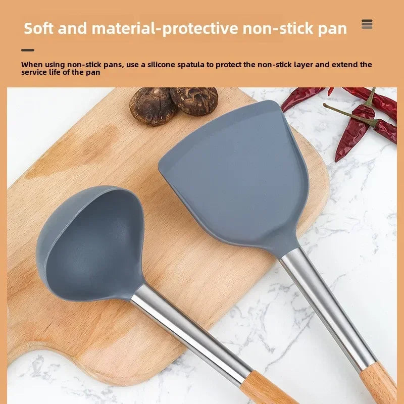 Silicone kitchen utensils, silicone spatula, wooden handle, silicone spatula, silicone soup spoon, leak spatula, non-stick pan